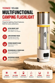 YESNICE YES-666 Multifunctional Camping Flashlight — 1000LM Rechargeable LED Lantern with Strong Magnetic Base, Warm/Cold/Red SOS Light & Spotlight Mode