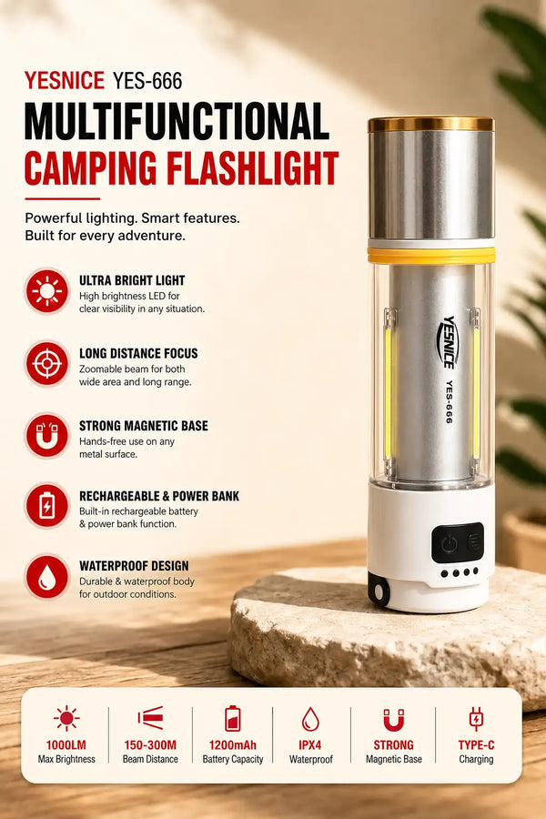 YESNICE YES-666 Multifunctional Camping Flashlight — 1000LM Rechargeable LED Lantern with Strong Magnetic Base, Warm/Cold/Red SOS Light & Spotlight Mode