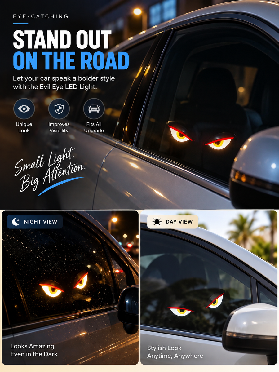 Evil Eye Solar Car Decorative LED Light – Multi-Mode Windshield Safety & Warning Strobe Lamp (Solar & USB Dual Charging)