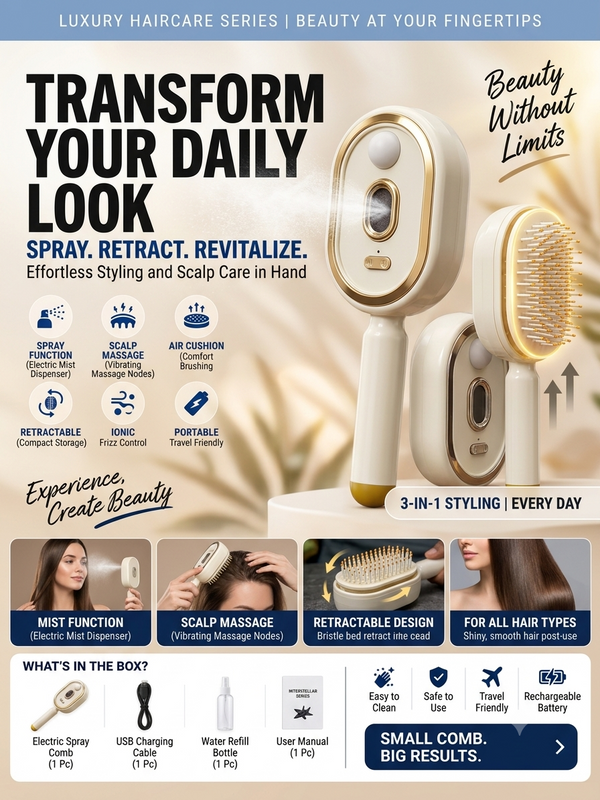 Electric Spray Retractable Air Cushion Comb – Anti-Tangle Scalp Massage Hairbrush with Mist Spray Function